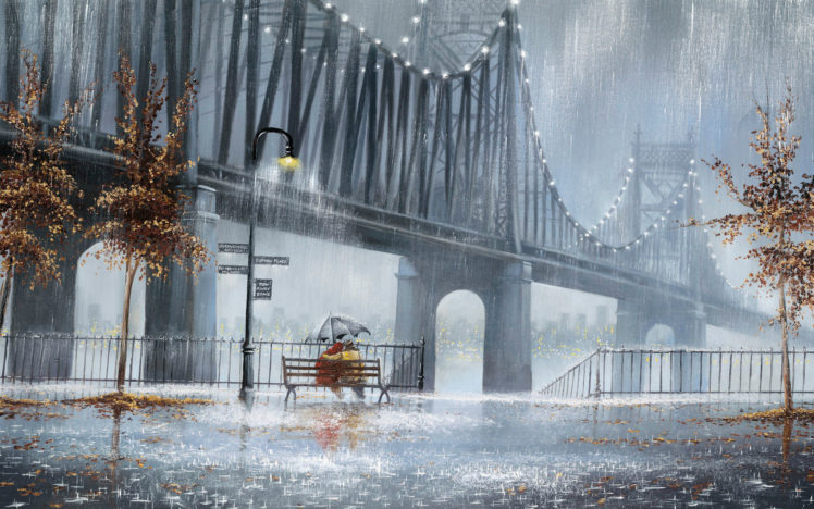 jeff rowland, Rowland, Paintings, Rain, People, Scenic, Bridges, Wet, Storm, Artistic, Art, Autumn, Fall, Seasons HD Wallpaper Desktop Background