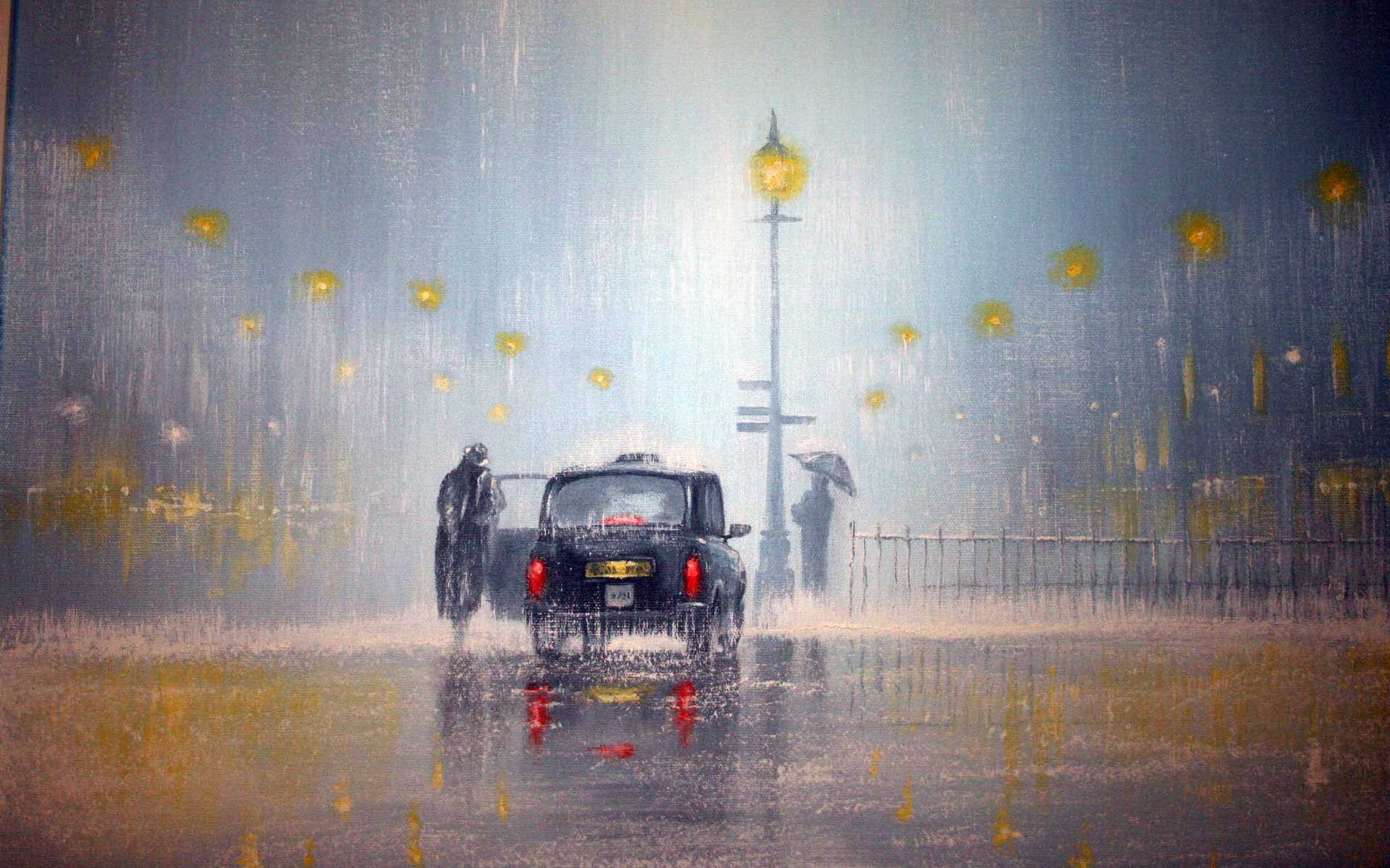 artistic, Paintings, London, Storm, Rain, Rainfall, Vehicles, Cars, Umbrella Wallpaper