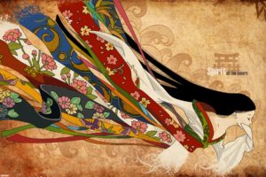 brunettes, Abstract, Multicolor, Long, Hair, Kimono, Closed, Eyes, Japanese, Clothes