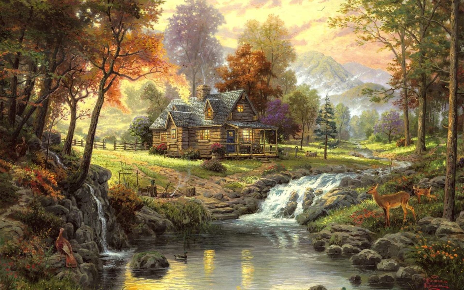 thomas kinkade, Paintings, Nature, Landscapes, Trees, Autumn, Fall, Seasonal, Rivers, Animals, Deer, Waterfalls, Architecture, Houses, Artistic, Mountains Wallpaper