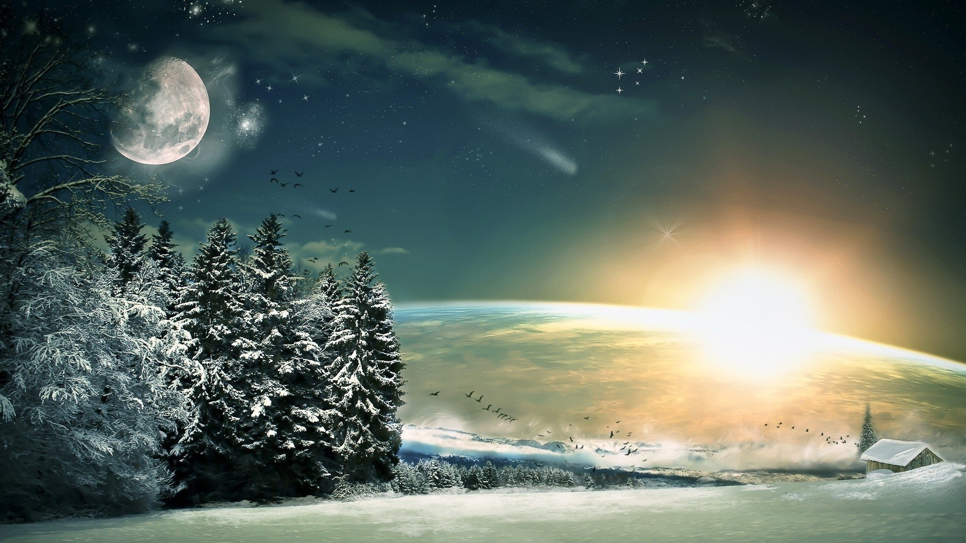 light, Fantasy, Winter, Snow, Sun, Trees, Stars, Wood, Birds, Moon, Fir, Descent Wallpaper
