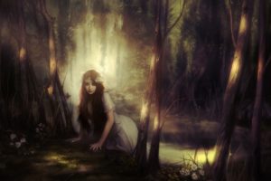 jace wallace, Deviantart, Com, Silent, World, Paintings, Manipulation, Airbrushing, Fantasy, Gothic, Dark, Dress, Gown, Spooky, Soft, Rivers, Streams, Trees, Forest, Sunlight, Sunbeams, Light, Woods, Nature, Land
