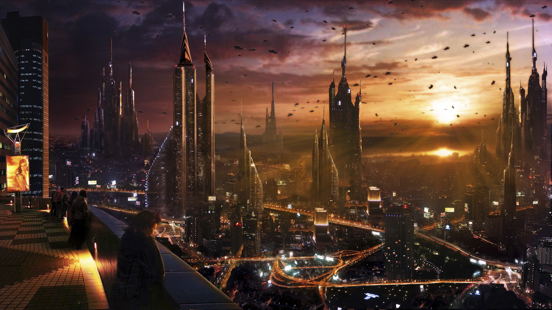 vladimir, Manyuhina, Cg, Digital, Manipulation, Sci, Fi, Science, Fiction, Futuristic, Cities, Architecture, Buildings, Skyscrapers, Sky, Clouds, Sunset, Vehicles, Alien, Detail, Cars, Spaceship, Spacecraft Wallpaper