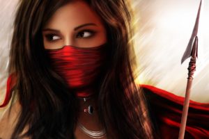 manipulations, Cg, Digital, Art, Art, Fantasy, Warriors, Spear, Weapons, Brunettes, Face, Mask, Eyes, Jewelry, Light, Backlit, Scarf, Maiden, Red, Colors, Women, Females, Girls, Babes, Style, Look, Stare