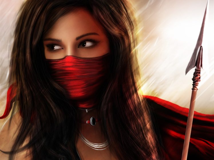 manipulations, Cg, Digital, Art, Art, Fantasy, Warriors, Spear, Weapons, Brunettes, Face, Mask, Eyes, Jewelry, Light, Backlit, Scarf, Maiden, Red, Colors, Women, Females, Girls, Babes, Style, Look, Stare HD Wallpaper Desktop Background