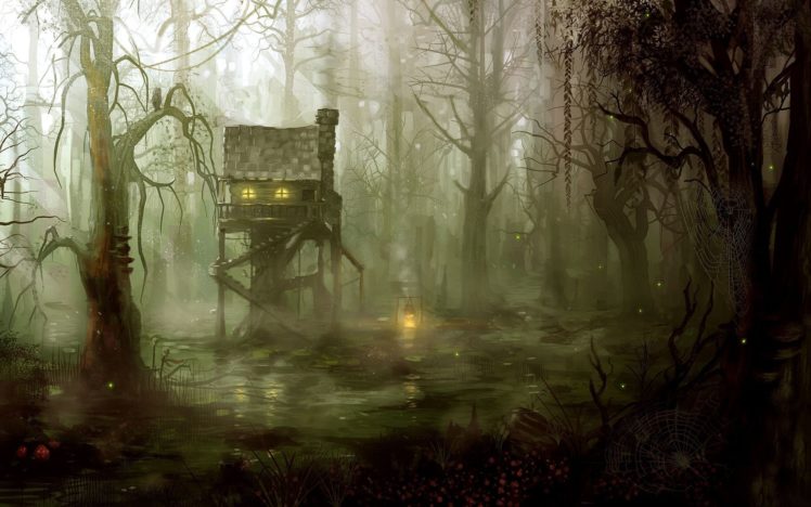 fantasy, Art, Artistic, Drawing, Painting, Dark, Spooky, Architecture, Buildings, Houses, Swamp, Jungle, Forest, Trees, Fire, Flames, Fog, Mist, Lakes HD Wallpaper Desktop Background