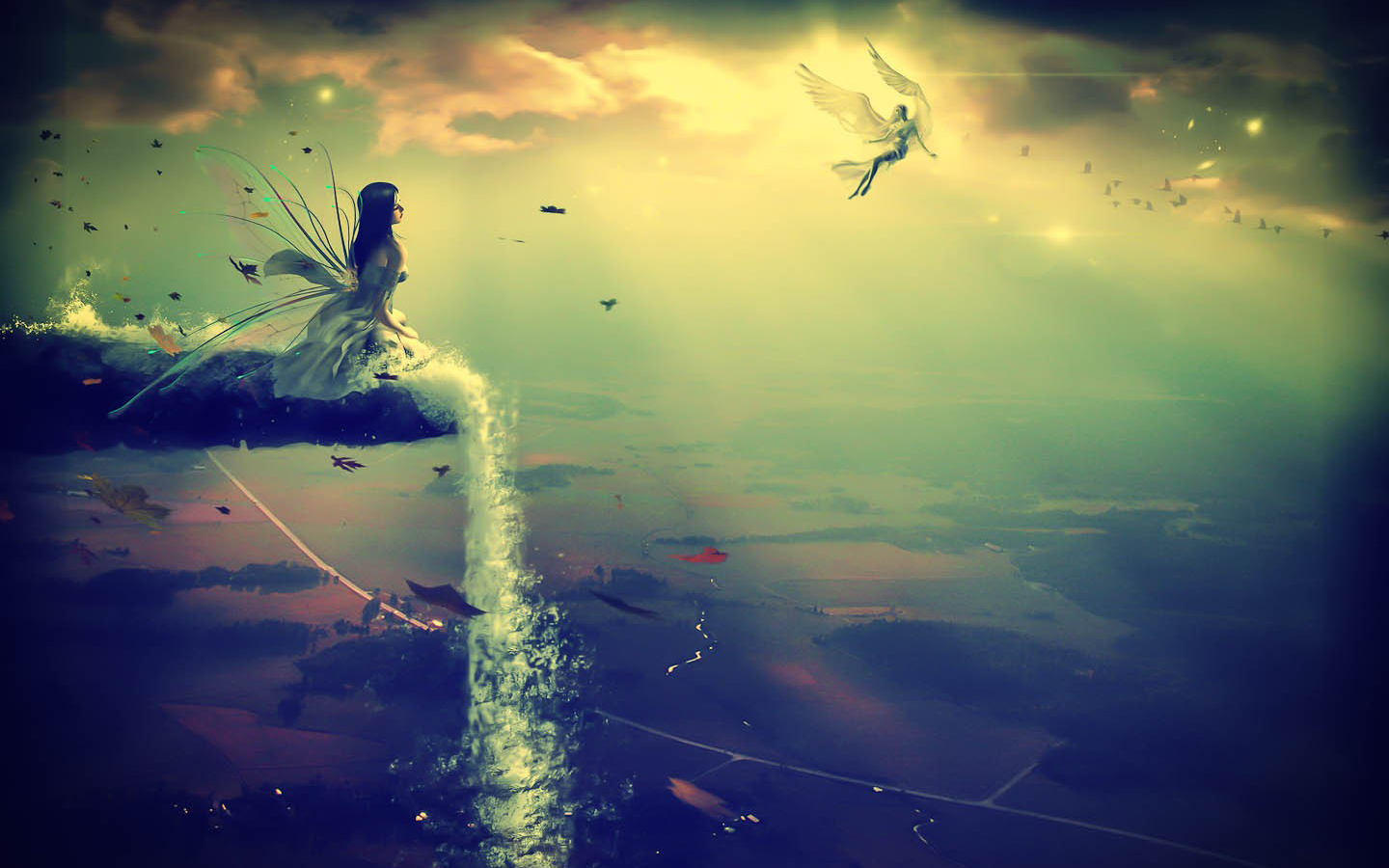 fantasy, Fairy, Wings, Magic, Children, Pixie, Sparkle, Landscapes, Mountains, Waterfall, Sky, Clouds, Scenic, Art, Artistic, Cg, Digital, Art, Mood, Emotion Wallpaper