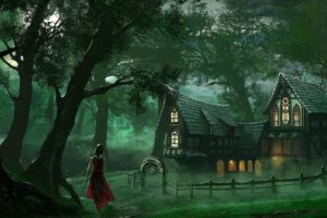 art, Artistic, Paintings, Fantasy, Mood, Trees, Forest, Nature, Women, Females, Girls, Architecture, Buildings, Cottage, Window, Lights, Houses, Landscapes, Leave