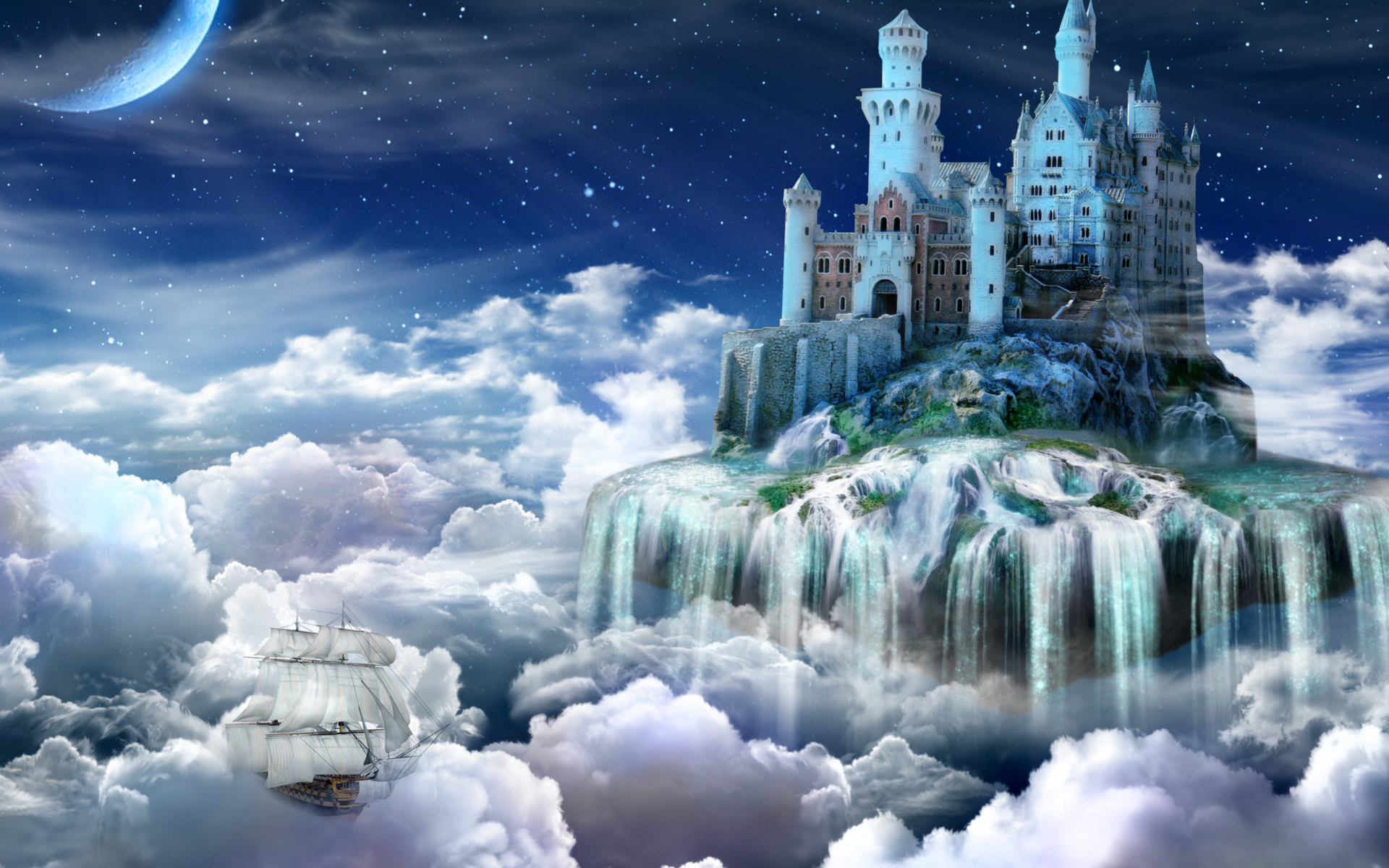 fantasy, Dream, Art, Cg, Digital, Art, Manipulation, Magic, Clouds, Sky, Vehicles, Ship, Boat, Waterfall, Islands, Tower, Island, Stars, Moon Wallpaper