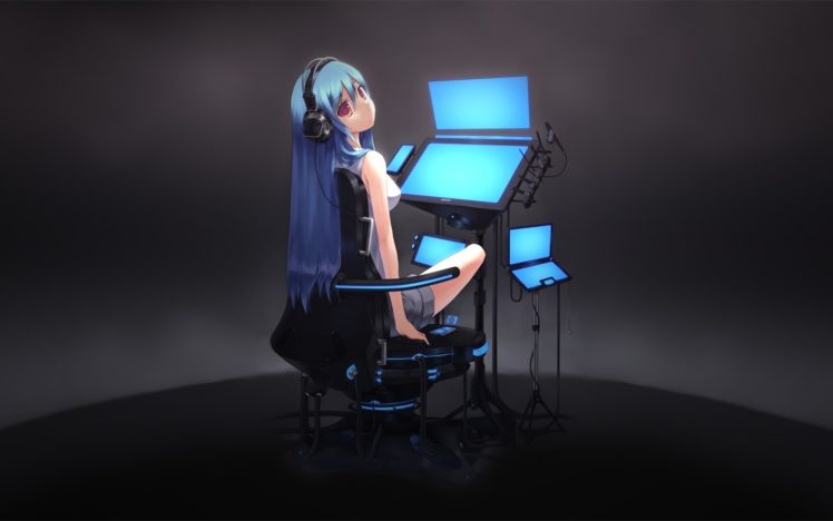 blue hair, Original characters, Anime girls, Headphones, Artwork HD Wallpaper Desktop Background