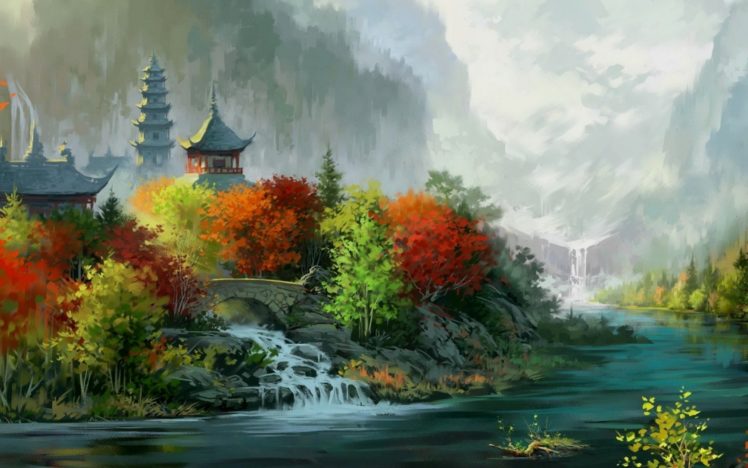 fantasy, Art, Painting, Asian, Oriental, Trees, Autumn, Fall, Rivers, Castle HD Wallpaper Desktop Background