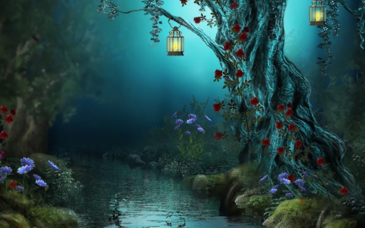 fantasy, Landscape, Art, Trees, Flowers, Rivres, Art HD Wallpaper Desktop Background