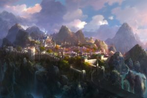 fantasy, Cities, Mountains, Art