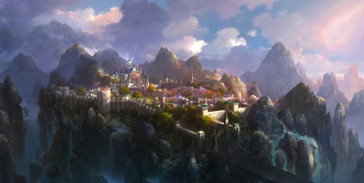 fantasy, Cities, Mountains, Art HD Wallpaper Desktop Background