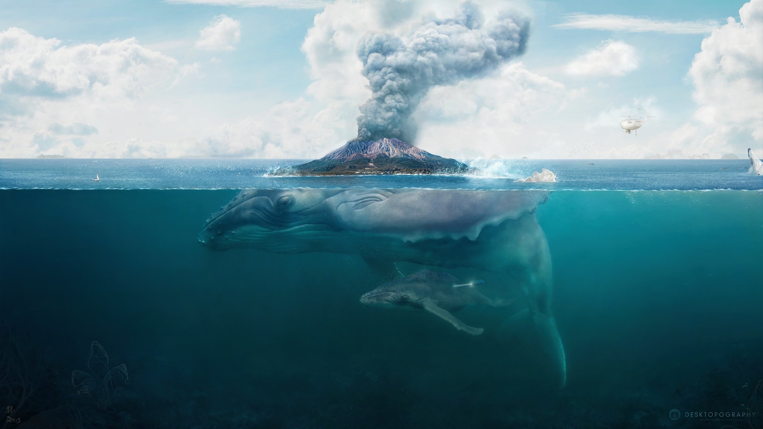 island, Hq, Wallpaper, Whale, Art, Volcano, Fantasy, Underwater, Ocean, Psychedelic Wallpaper