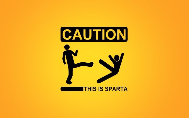 minimalistic, Sparta, Signs, Funny, Warning, Caution, Stick, Figures, Simple, Yellow, Background, Kicking HD Wallpaper Desktop Background
