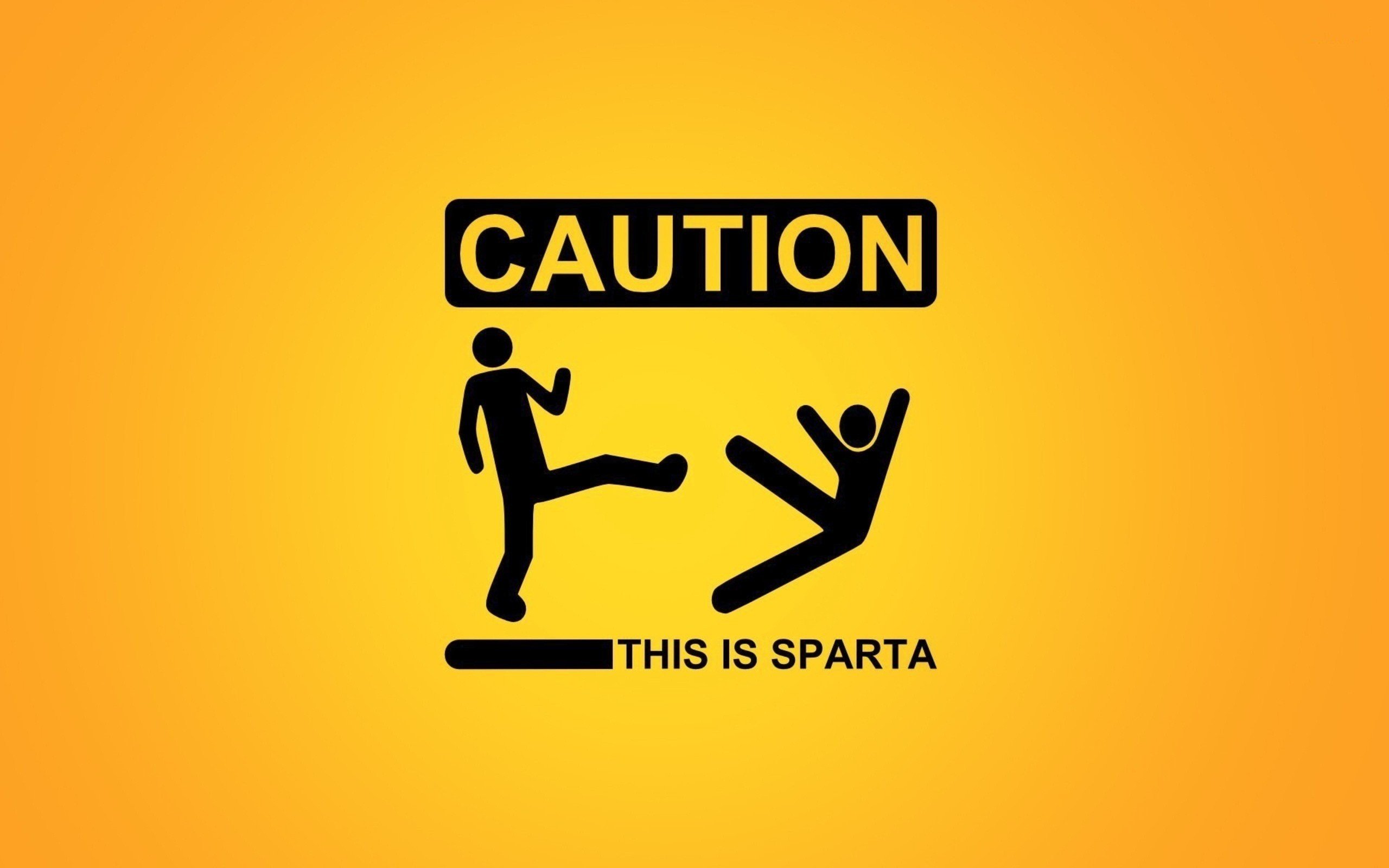 minimalistic, Sparta, Signs, Funny, Warning, Caution, Stick, Figures, Simple, Yellow, Background, Kicking Wallpaper