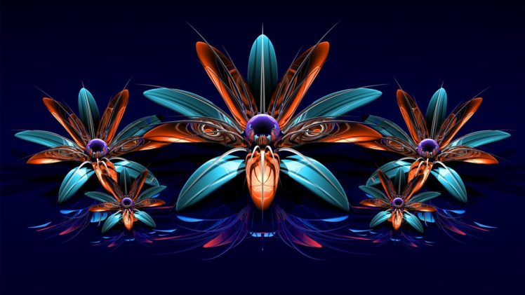 blue, Flowers, Orange, Fractals, Purple, Cgi, Digital, Art, Reflections HD Wallpaper Desktop Background
