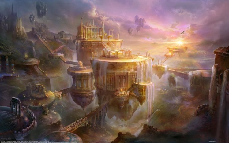 fantasy, Art, Cities, Sunset, Castle, Island, Landscapes HD Wallpaper Desktop Background