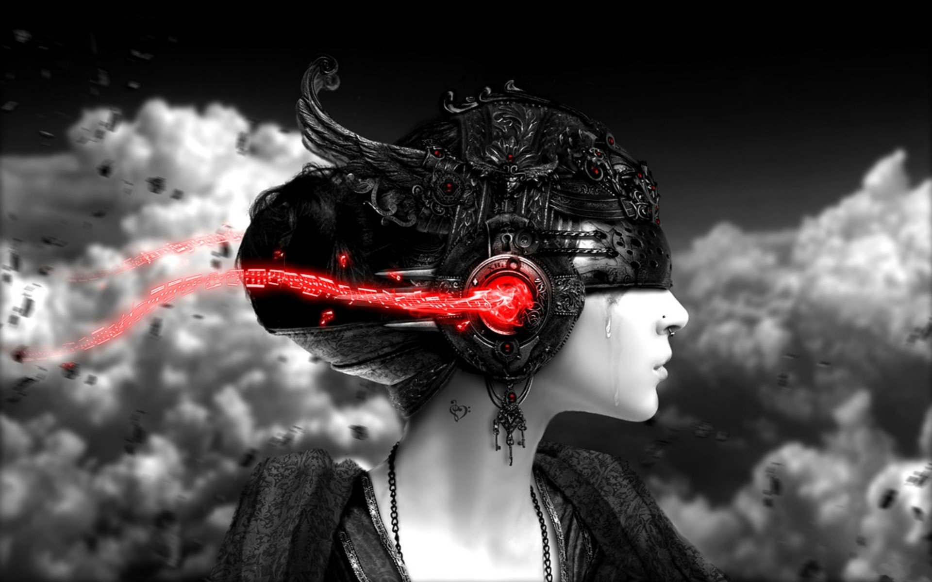 headphones, Women, Abstract, Clouds, Selective, Coloring, Skyscapes, Renders Wallpaper