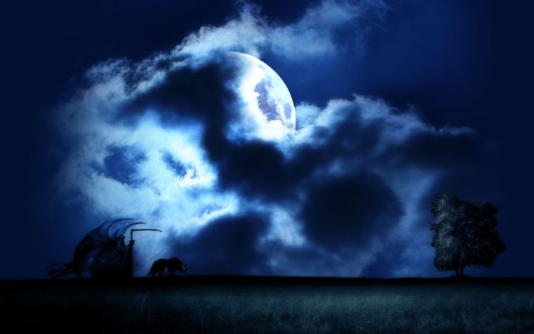 dark, Horror, Gothic, Fantasy, Monster, Night, Grim, Reaper, Weapons, Sky, Moon, Clouds HD Wallpaper Desktop Background