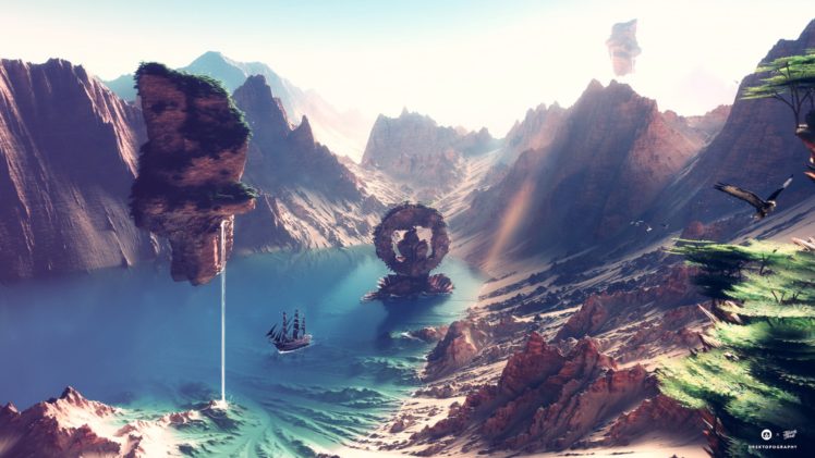 fantastic, World, Mountains, 3d, Graphics, Lake HD Wallpaper Desktop Background