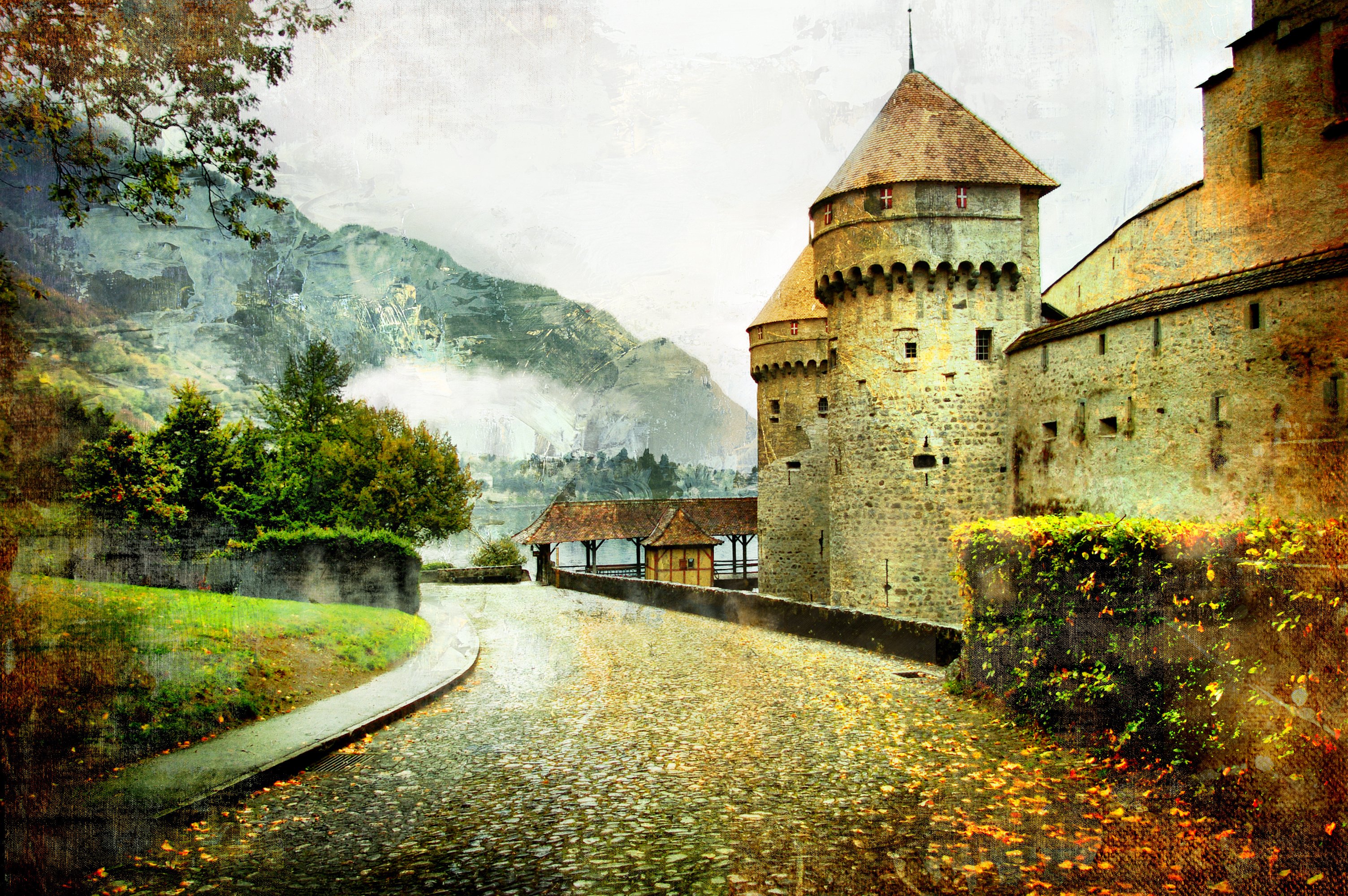 fairytale, Castle, Landscape, Road, Artwork, Art, Autumn, Photoshop Wallpaper