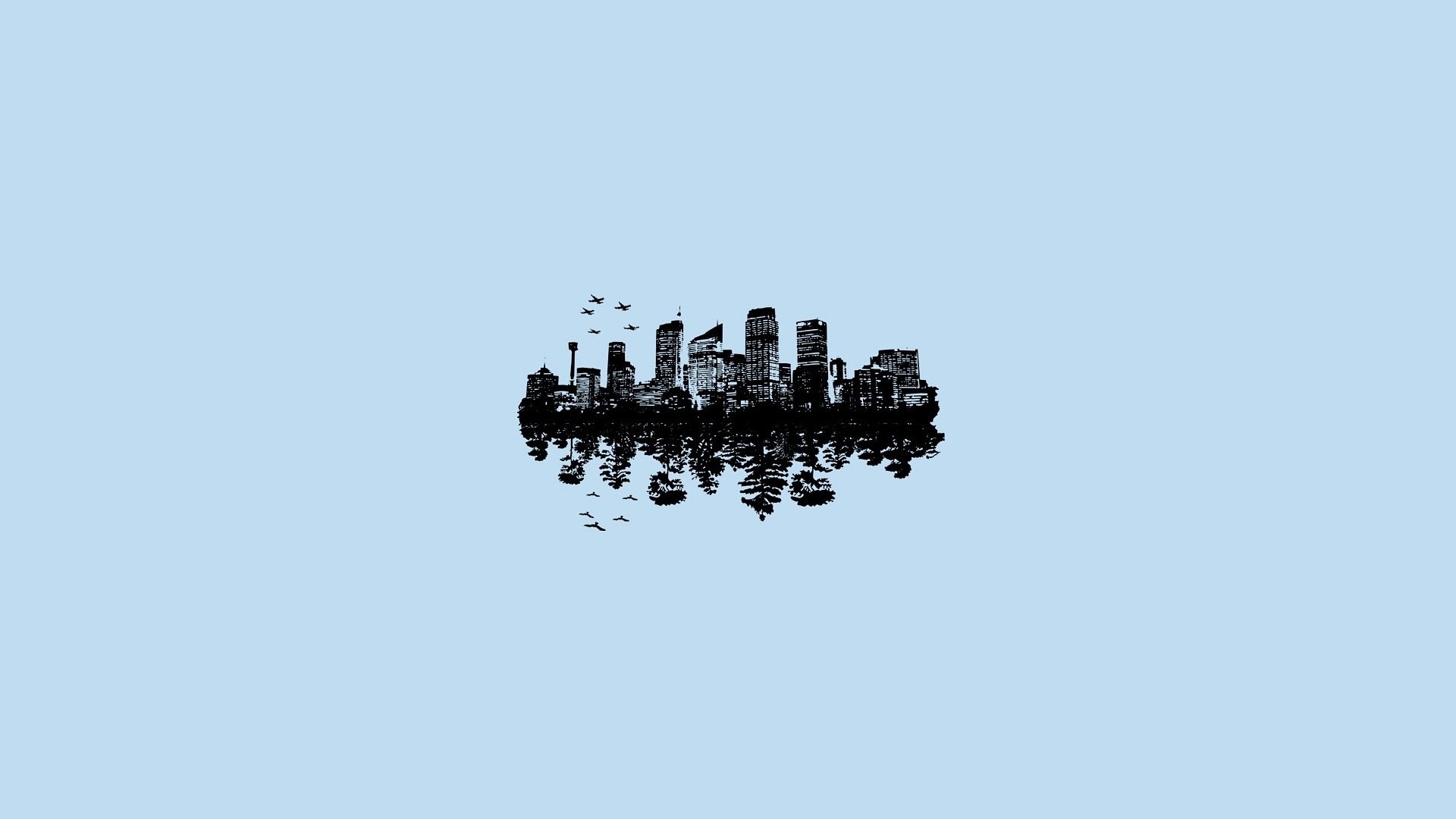 minimal, City, Reflection, Forest, Airplanes, Birds Wallpaper