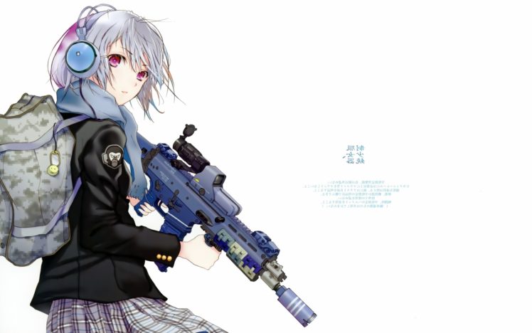 red eyes, Monkey, Backpacks, Headphones, Assault rifle, Anime girls, Weapon, Anime HD Wallpaper Desktop Background