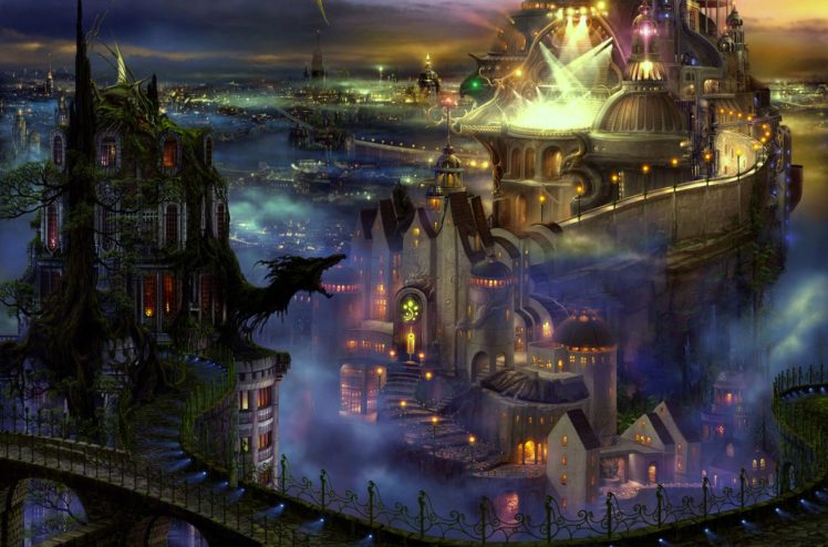 fantasy, Art, Cities, Night, Lights, Buildings, Architecture, Fog, Mist, Castles HD Wallpaper Desktop Background