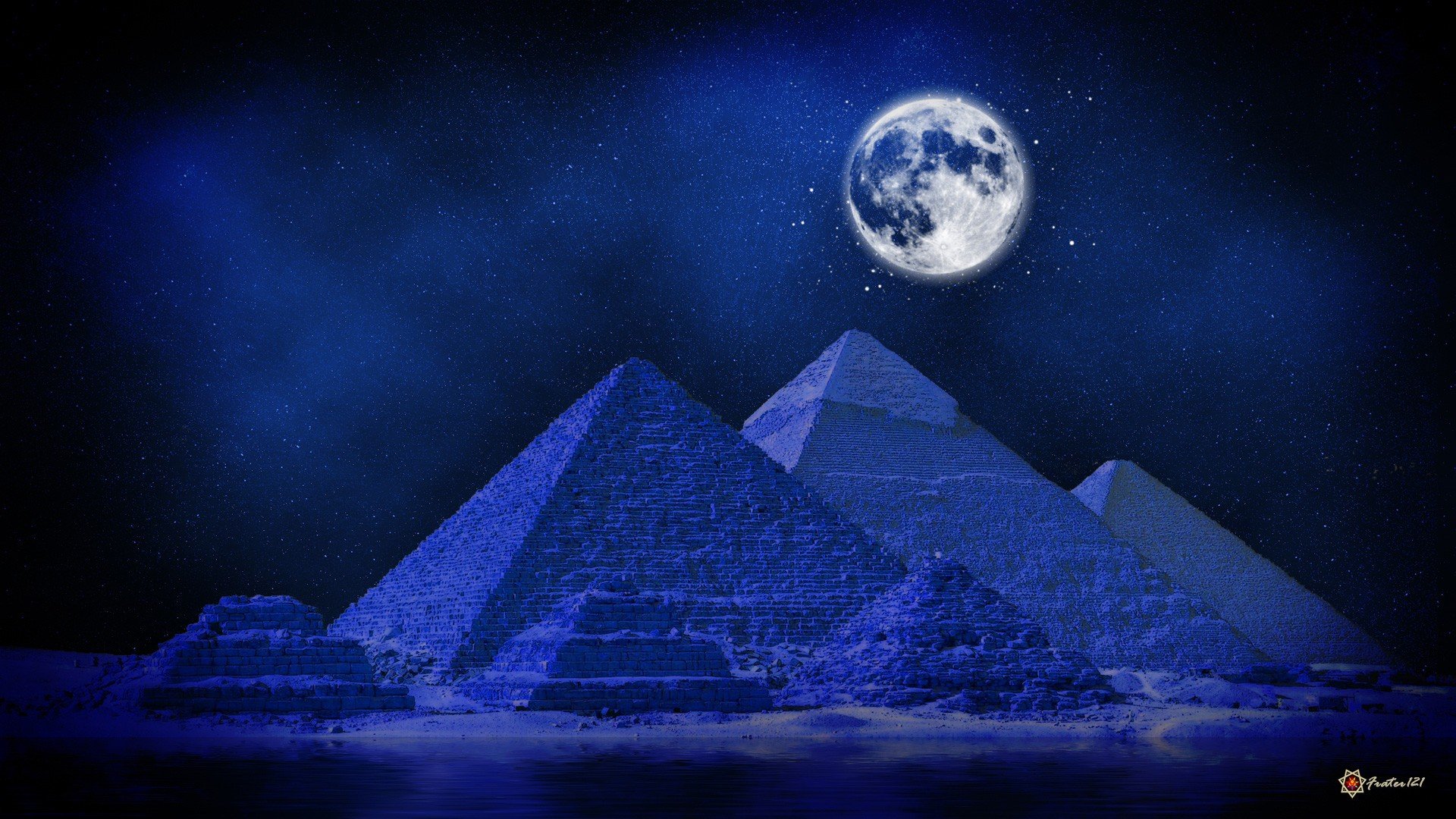 blue, Deserts, Digital, Art, Artwork, Full, Moon, Pyramids, Midnight Wallpaper