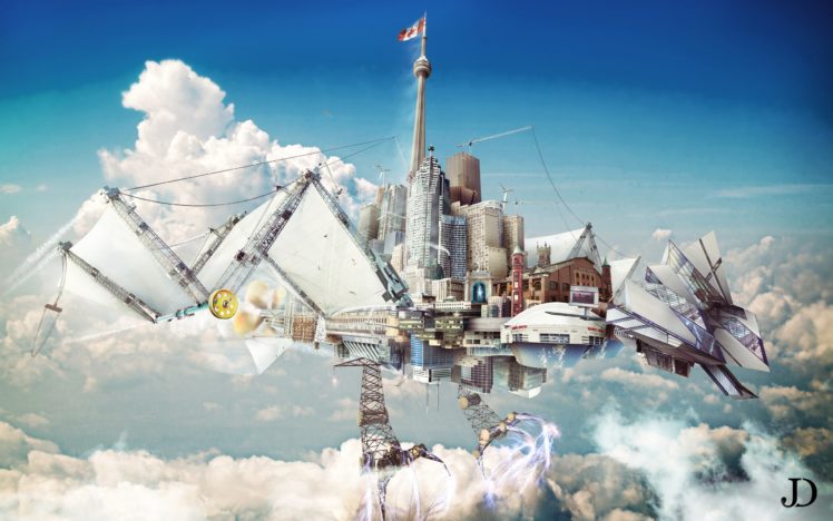 creative, Fantastic, World, Clouds, Fantasy, Sci fi, City, Steampunk HD Wallpaper Desktop Background