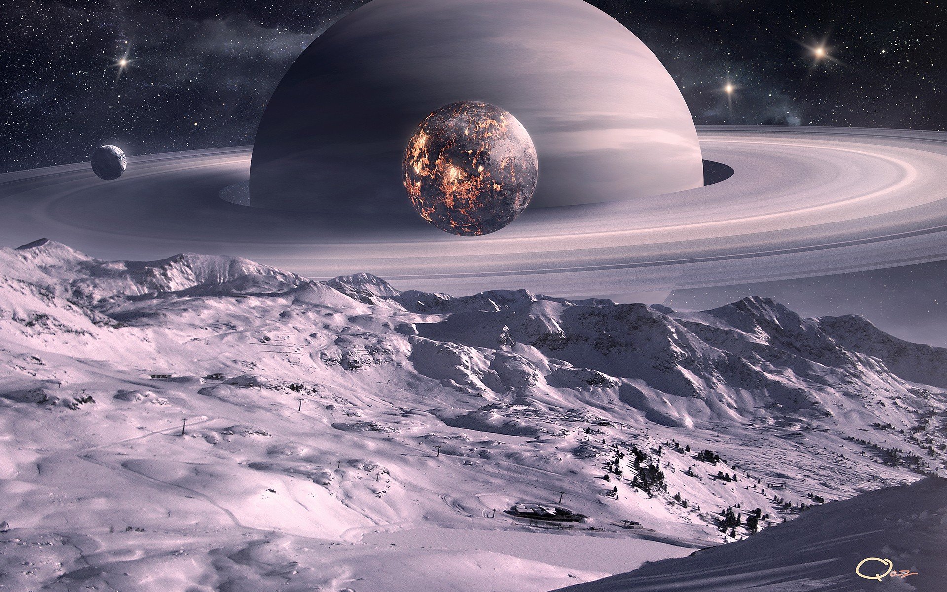 outer, Space, Planets, Moon, Saturn, Digital, Art, Science, Fiction, Qauz Wallpaper