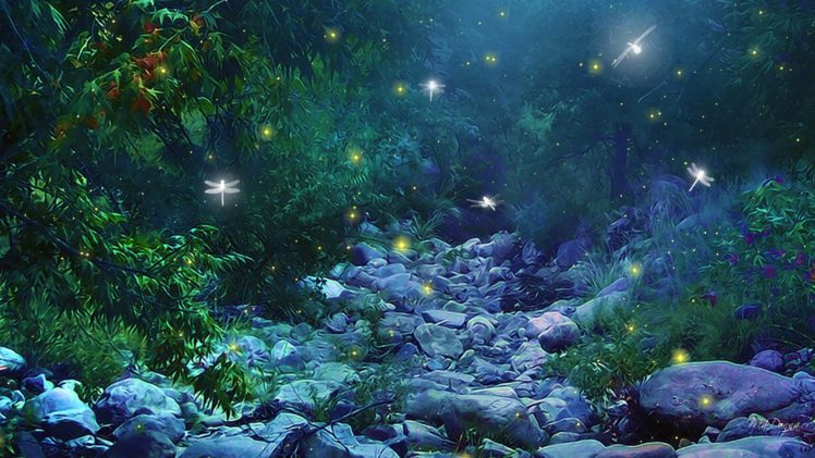 fantasy, Art, Nature, Trees, Forest, Woods, Magic, Insects, Firefly, Night, Glow, Lights HD Wallpaper Desktop Background