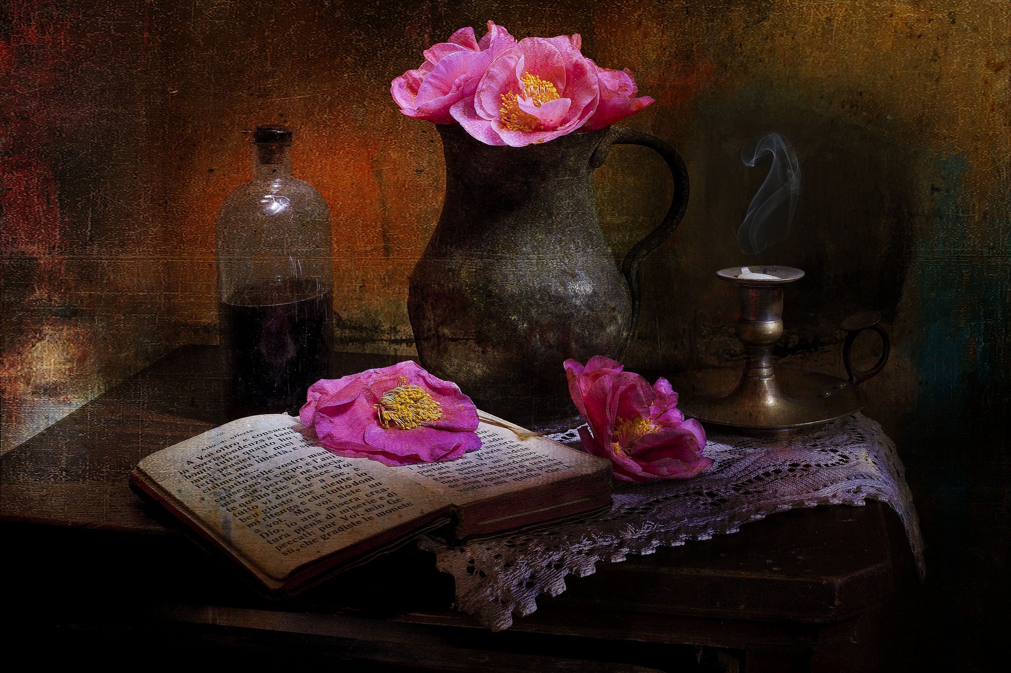 pitcher, Flowers, Poppies, Book, Style, Still, Life, Painting, Art Wallpaper