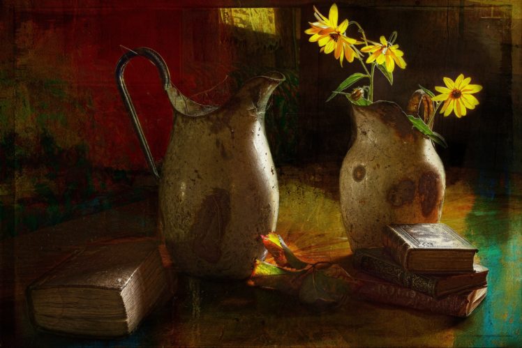 pitcher, Flowers, Poppies, Book, Style, Still, Life, Painting, Art HD Wallpaper Desktop Background