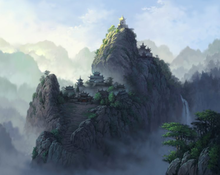 landscapes, Castles, Asian, Oriental, Mountains, Waterfalls, Trees, Sky, Fog HD Wallpaper Desktop Background