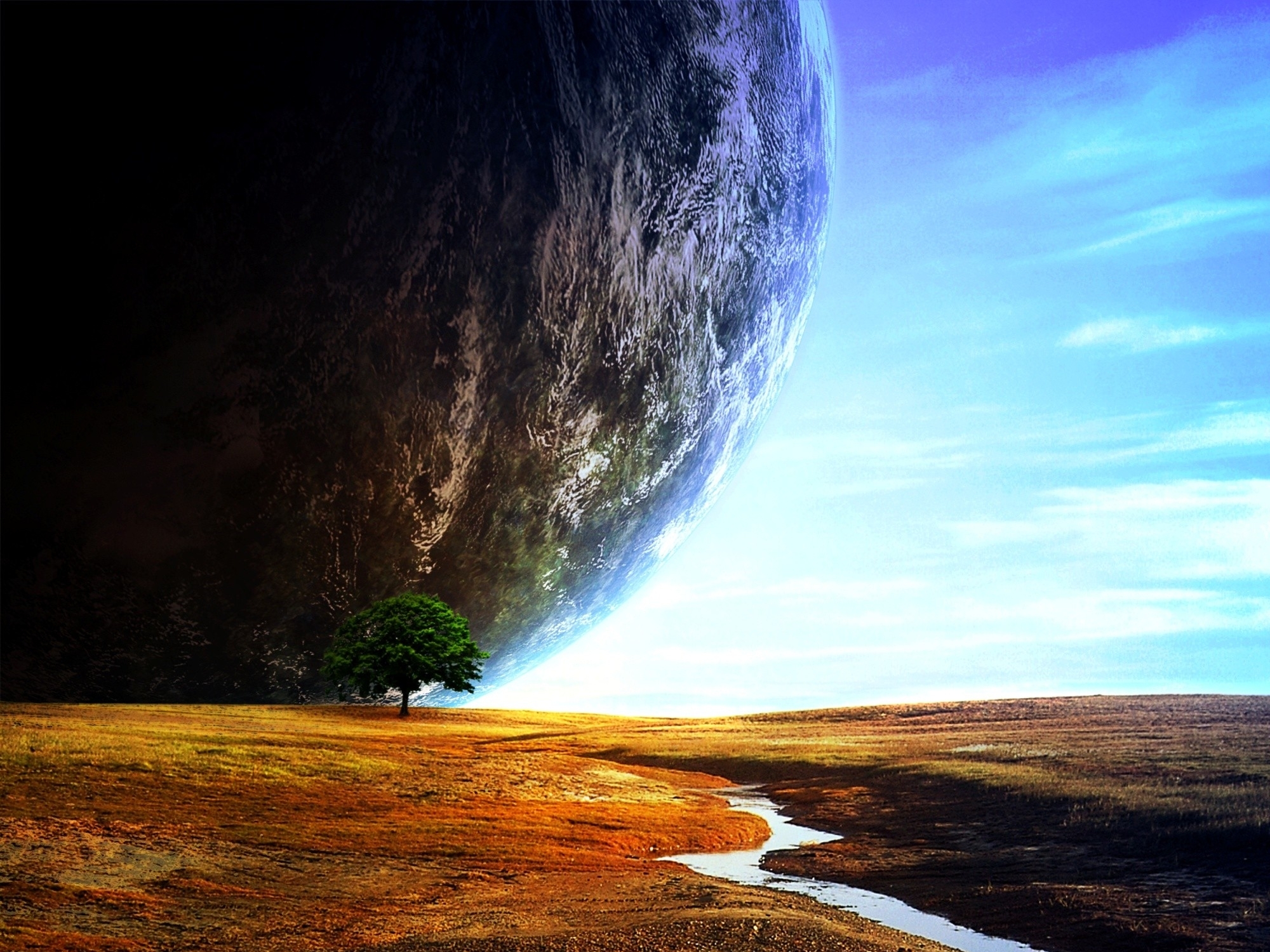planets, Sci fi, Space, Nature, Trees, Landscapes, Cg, Digtal, Art, Stream, Sky, Clouds Wallpapers HD / and Mobile Backgrounds