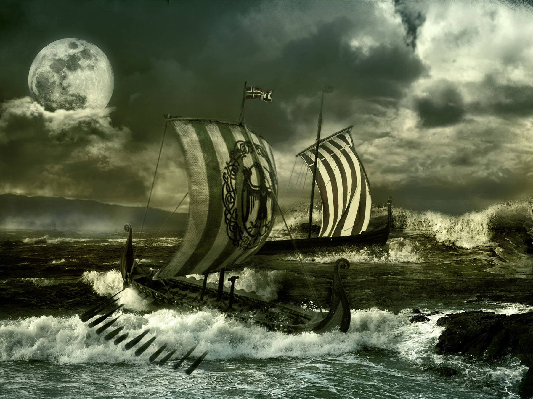 ocean, Sea, Water, Waves, Storm, Sailing, Ships, Boats, Vikings, Fantasy, Manipulations, Cg, Digital, Art Wallpaper