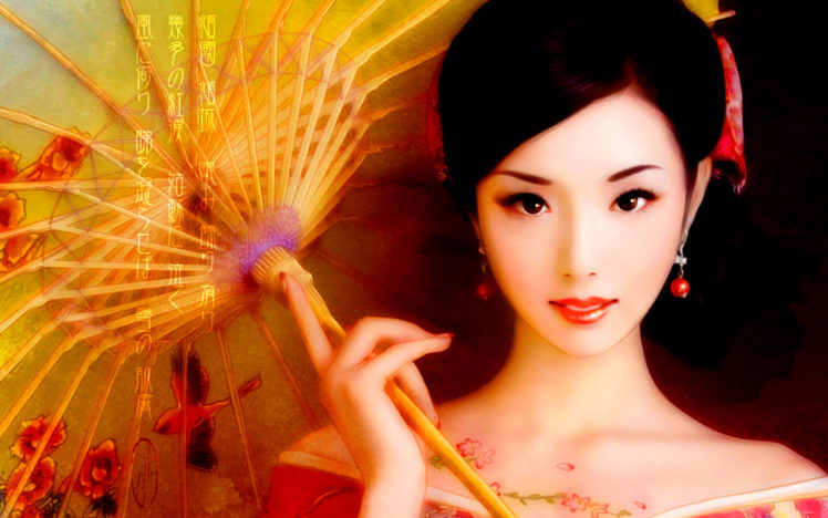 asian, Oriental, Kimona, Umrella, Fantasy, Women, Brunettes, Babes HD Wallpaper Desktop Background