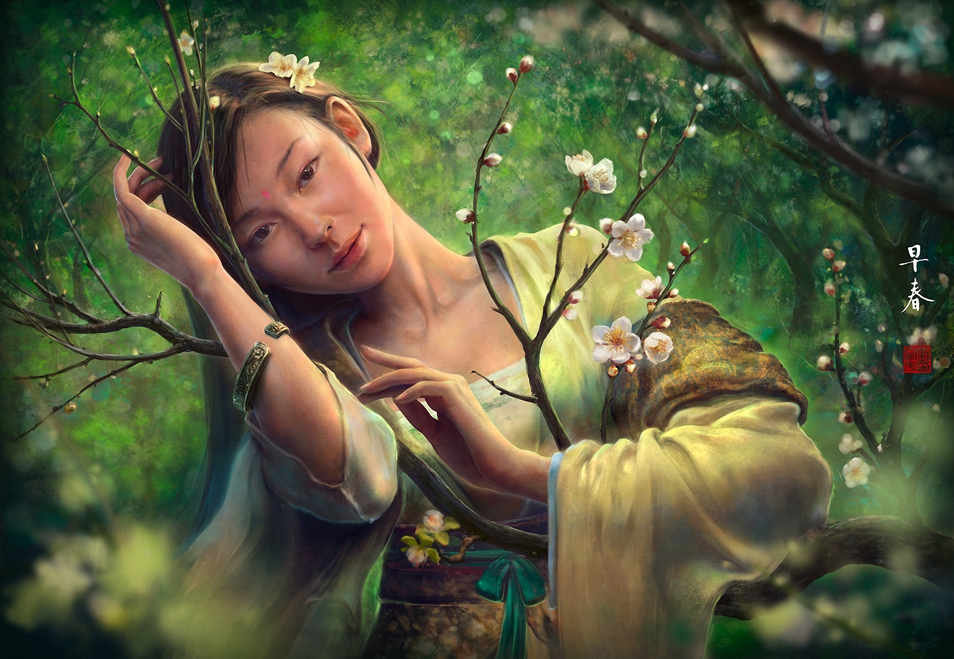 asian, Oriental, Fantasy, Art, Women, Females, Face, Eyes, Pov, Trees, Blossoms, Flowers, Forest, Mood Wallpaper