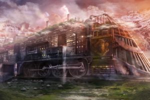 steampunk, Sci fi, Futuristic, Railroad, Train, Cities, Locomotive, Steam