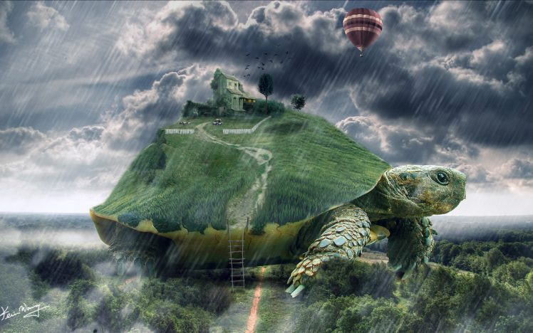 tortoise, Animals, Sheep, Turtle, Islands, Houses, Cg, Dugutal, Art, Fantasy, Landscapes, Rain, Storm, Drops HD Wallpaper Desktop Background