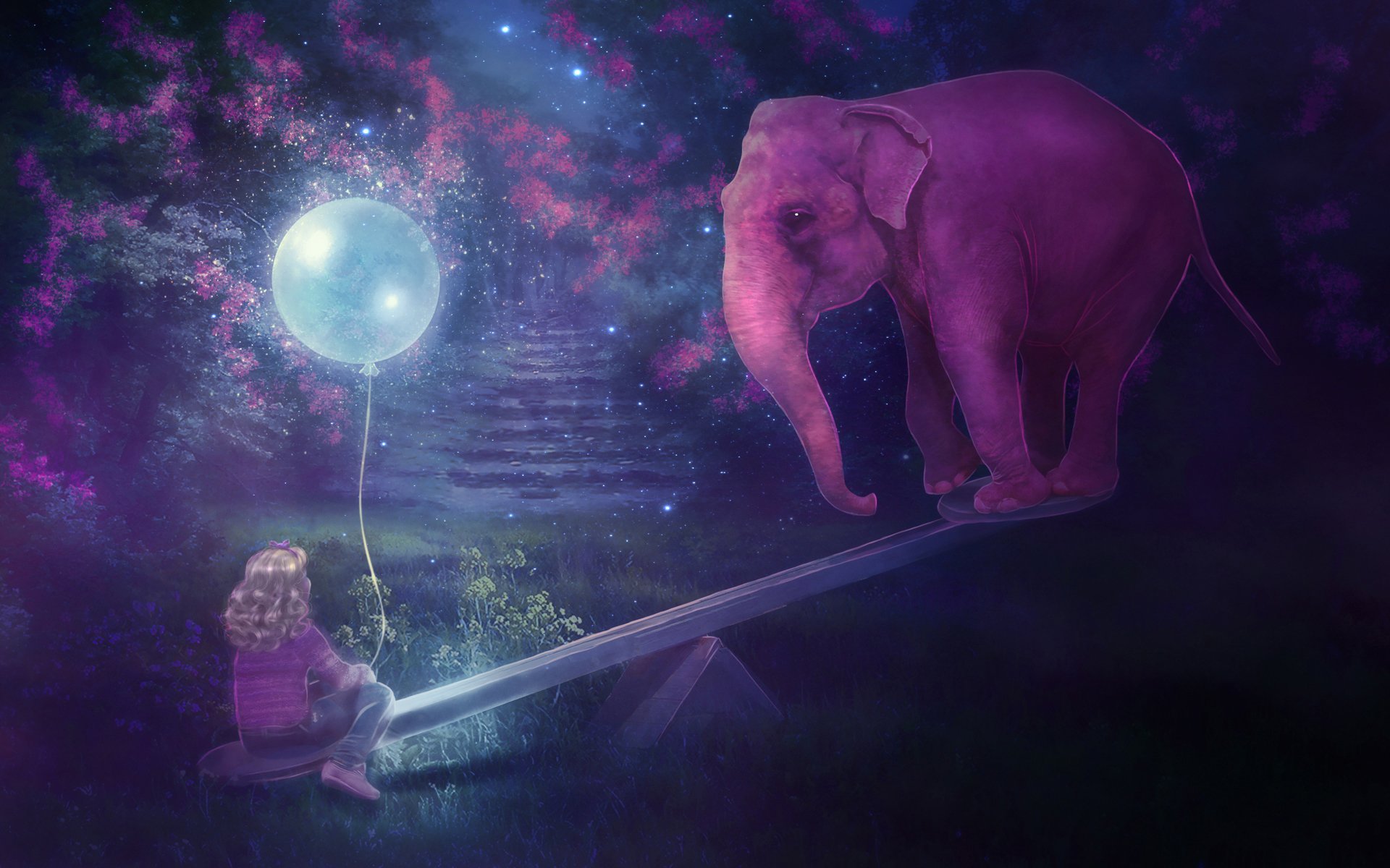 elephant, Pink, Girl, Balloon, Swing, Night, Stars, Trees, Dream, Psychedelic, Fantasy Wallpaper