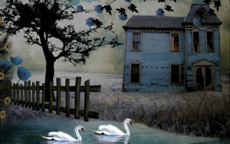 painting, Art, Texture, Rustic, Birds, Swan, Fence, House, Buildings, Architecture, Trees HD Wallpaper Desktop Background