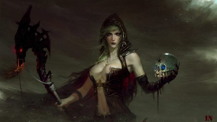 magic, Skull, Gothic, Mage, Staff, Hood, Headgear, Fantasy, Girls, Darl, Witch HD Wallpaper Desktop Background