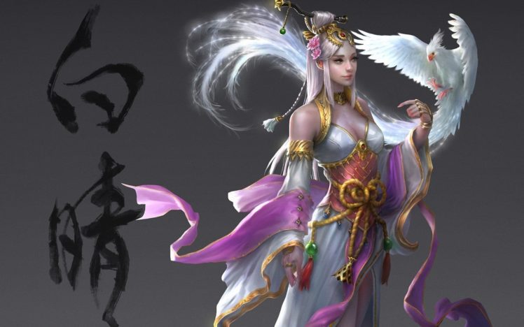 fantasy, Girl, Asian, Oriental, Beauty, Bird HD Wallpaper Desktop Background