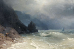painting, Beach, Ocean, Fog, Ship, Boat, People, Waves, Storm