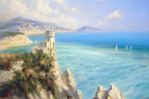 miliukov, Alexander, Swallowand039s, Nest, Castle, Sea, Blue, Space, Sail, Mountains, Rocks, Crimea, Landscape, Buildings