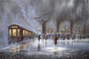 picture, Jeff, Rowland, Station, Rain, Meeting, Man, Woman, People, Umbrellas, Car, Train, Platform, Men, Women